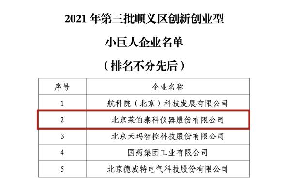 莱伯泰科仪器顺利上榜“专精特新”小巨人企业和顺义区创新创业型小巨人企业