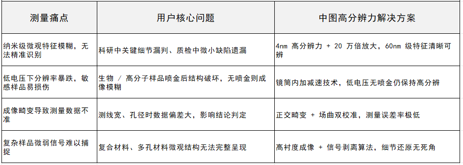 1765784974257249.png 中图仪器-高分辨力扫描电镜-4大核心测量痛点&用户问题解决方案表格.png